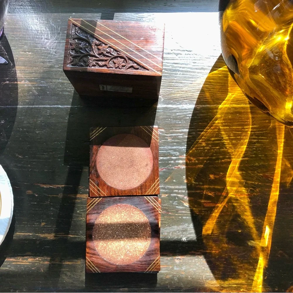 Vintage Rosewood Box with Set of Six Coasters. Brass Inlay and Floral Carving